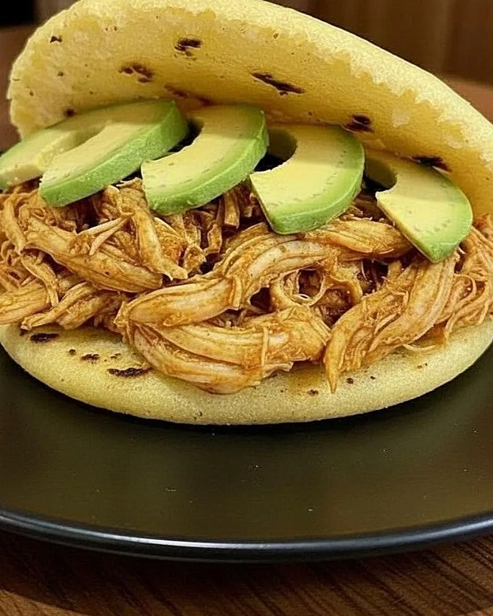 Arepa de pollo con aguacate y pollo desmechado